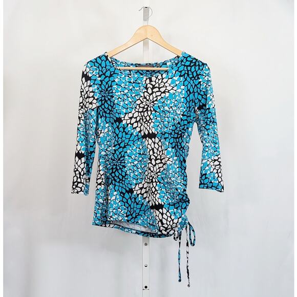 Amber Sun Tops - Amber Sun Top Turquoise Black White Floral Print Side Tie Top Misses Size L